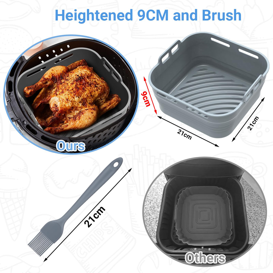 Alyvisun Silicone Oil Brush, 3PCS Airfryer Liners Foldable Baking Trays Reusable Air Fryer Rack Versatile Accessories Baskets Square Inserts for Microwave, Oven, Grey
