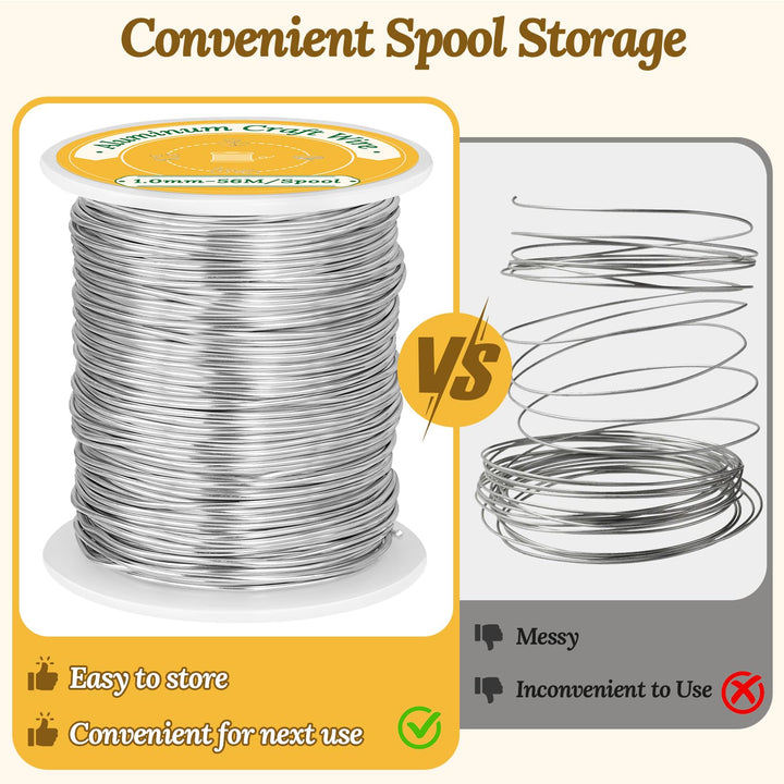 VynyQoo 1mm(18 Gauge) Aluminum Craft Wire, 56M Flexible Bendable Jewellery Wire, Wire for Jewellery Making, for DIY Floral Making, Sculpting Wire, Craft Supplies, Jewellery Making, Weaving (Silver)