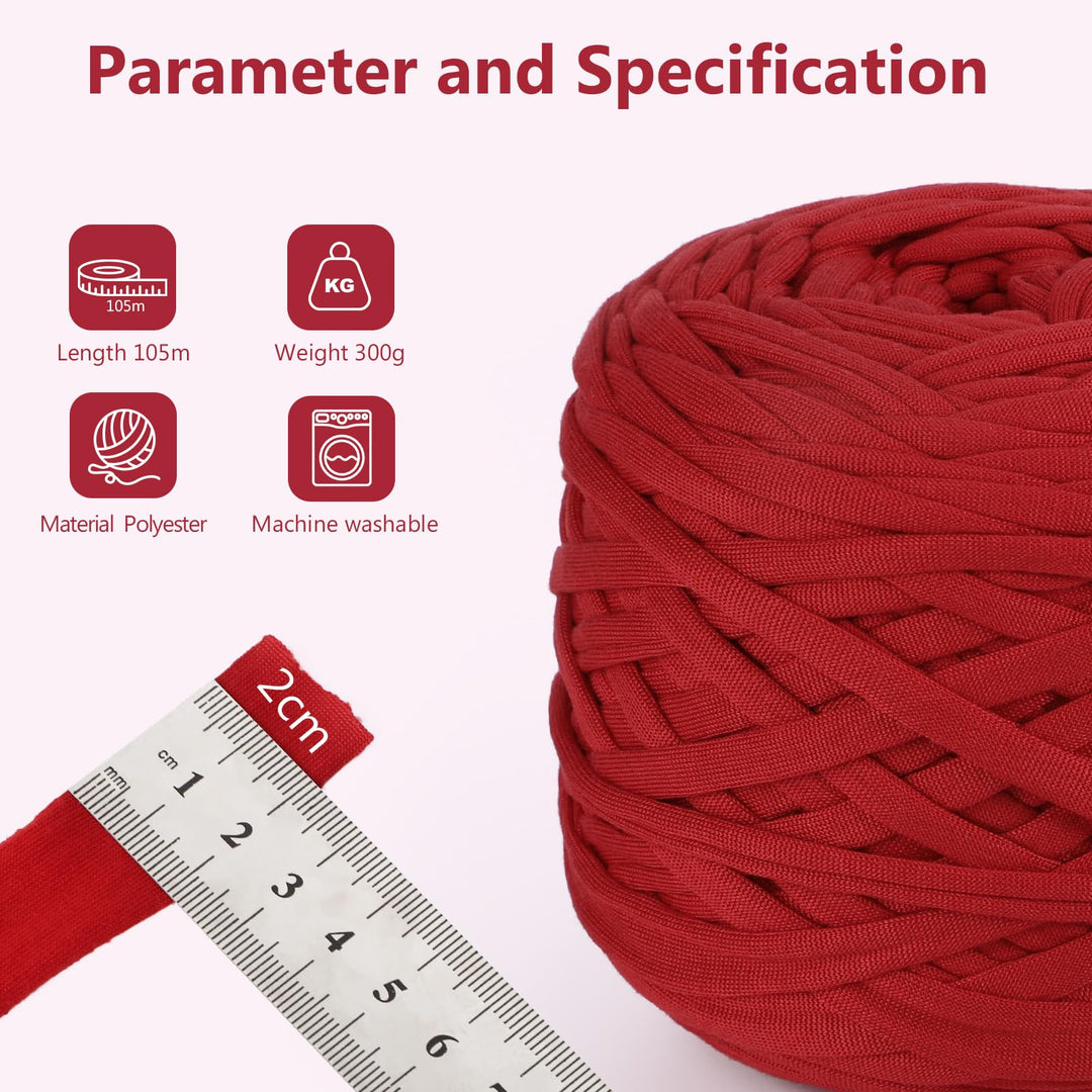 VynyQoo Tshirt Yarn for Crocheting, Crochet Yarn 105m 300g, Chunky Knitting Yarn, Width 2cm Elastic T-Shirt Yarn for Beginners to Crochet Bag, Blanket, Basket, DIY Projects, Home Decor (Red)