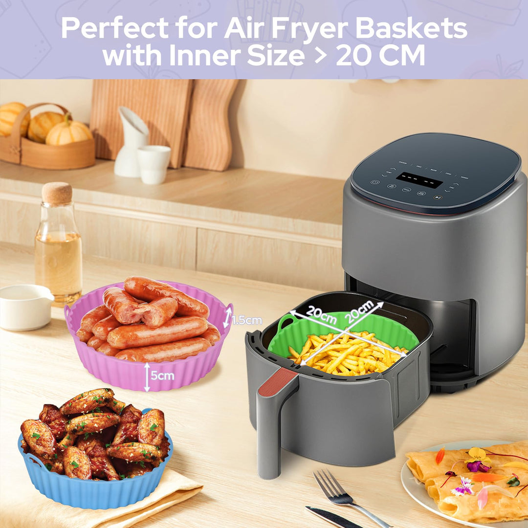 Alyvisun Air Fryer Silicone Liners, 3PCS Reusable Airfryer Basket Baking Tray Inserts Versatile Round Rack Pot for Microwave, Oven, Pink+Green+Sky Blue