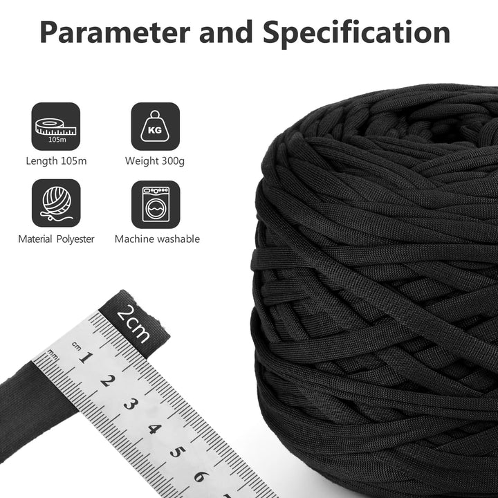 VynyQoo Tshirt Yarn for Crocheting, Crochet Yarn 105m 300g, Chunky Knitting Yarn, Width 2cm Elastic T-Shirt Yarn for Beginners to Crochet Bag, Blanket, Basket, DIY Projects, Home Decor (Black)