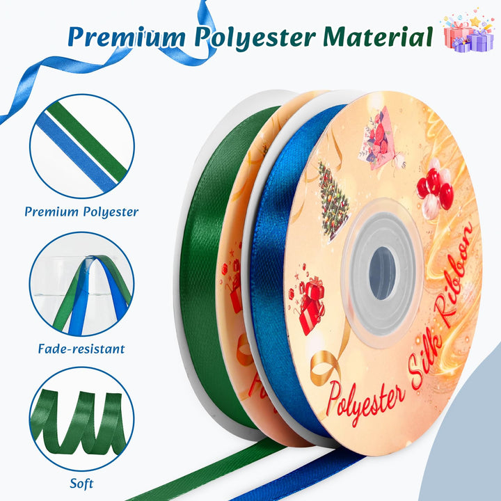 VynyQoo 2 Rolls 10mm Satin Ribbon Wide, Blue and Green Gift Wrap Ribbon, 22M Single Sided Ribbons for Gift Wrapping, Gift Wrapping Ribbon for Crafting, Wedding Party,Cake Wrapping Decorations