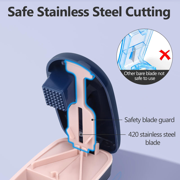 Alyvisun Pill Cutter for Small or Large Pills, Portable Pill Splitter & Tablet Cutter, V-Shaped Cutting with Grinding, Auto Slides Out Pill, Safety Blade Guard & Sliding Storage (Blue)