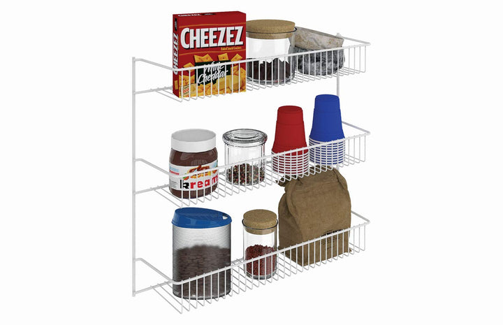 3-Tier Hanging Wall Mounted Metal Rack for Spices, Shelf Storage, Pantry Organization, Laundry, Kitchen, Bathroom, White, 18-Inch Wide