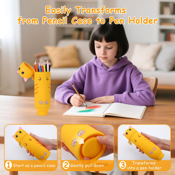 VynyQoo Pencil Case Kawaii Silicone, Pencilcase Expandable 2 in 1, Cute Pen Case, Zippered Pen Pouch for Kids, Desk Table Pen Holder Multifunctional
