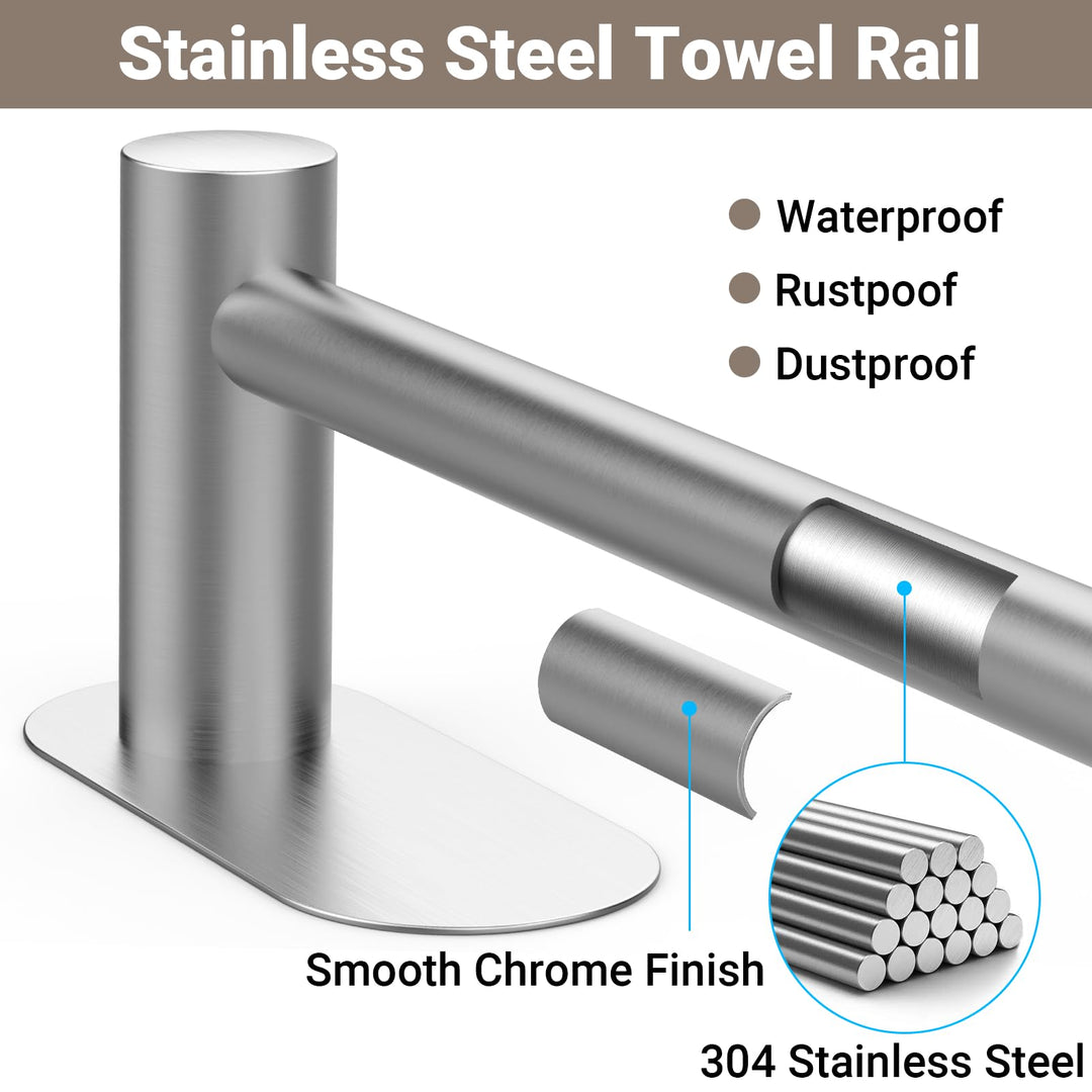 Alyvisun Self Adhesive Towel Rail, Stainless Steel Towel Holder, Retractable from 37cm to 57.5cm, Towel Rail Wall Mounted for Kitchen Bathroom Towel Rails Easy to Install, Silvery