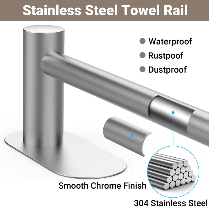 Alyvisun Self Adhesive Towel Rail, Stainless Steel Towel Holder, Retractable from 37cm to 57.5cm, Towel Rail Wall Mounted for Kitchen Bathroom Towel Rails Easy to Install, Silvery