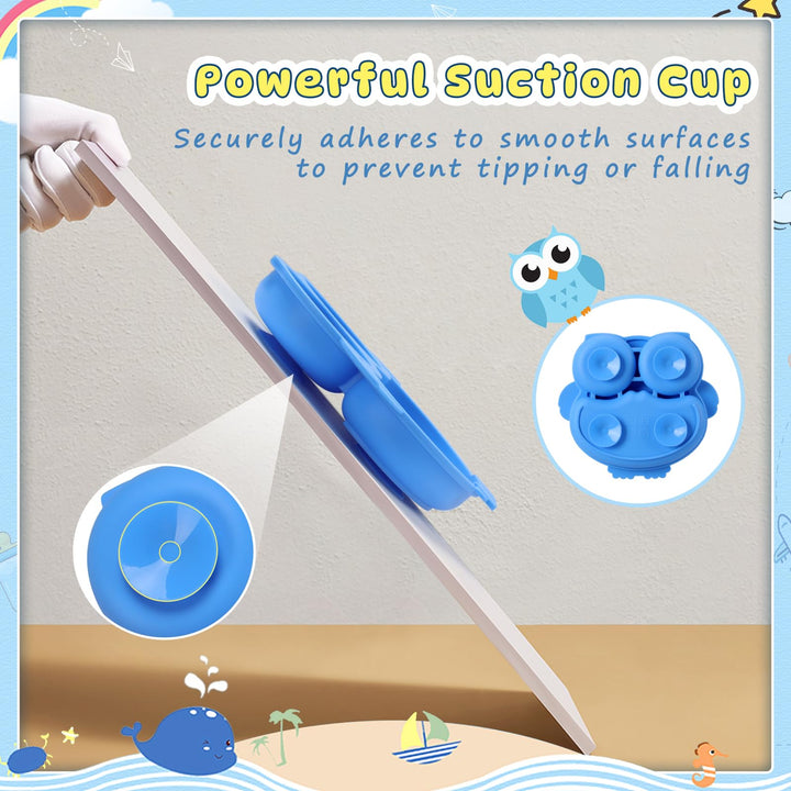 Alyvisun Owl Silicone Suction Plate for Baby, Toddler Cutlery with 3 Spoon Fork Non-Slip Weaning Bowls Feeding Divided Plates Set for High Chairs Tray (Blue)
