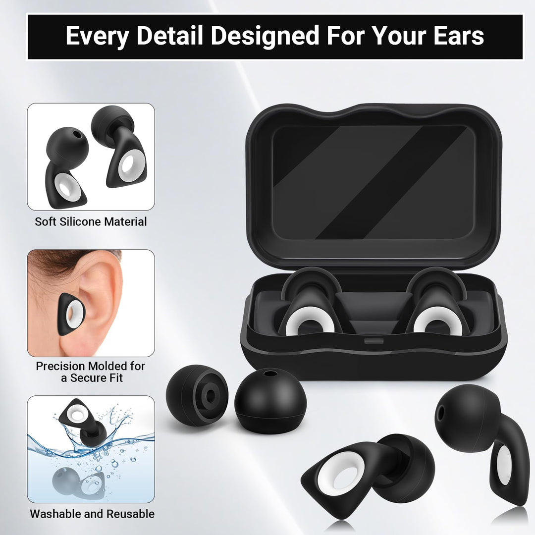 Alyvisun Noise Cancelling Ear Plugs for Sleeping, Soft Silicone Sleep Earplugs, Reusable Earplug for Concert, Deep Focus, Studying, Traveling-Black (S/L)