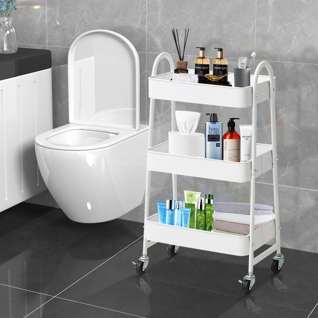 3 Tier Metal Rolling Cart with Handle and Lockable Wheel, Multifunctional Utility Cart on Wheel, Heavy Duty Storage Cart with Handle (White)