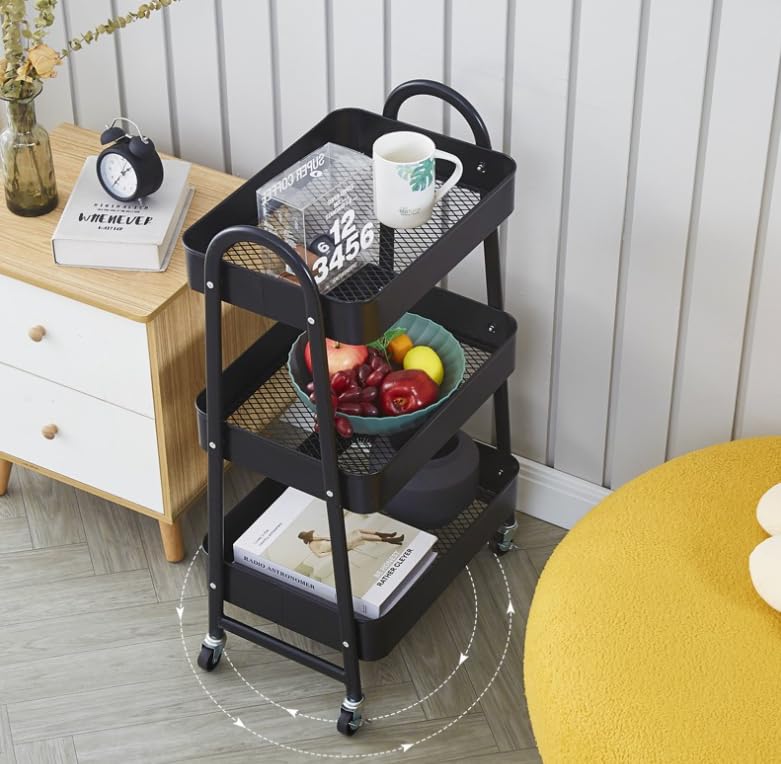 3 Tier Metal Rolling Cart with Handle and Lockable Wheel, Multifunctional Utility Cart on Wheel, Heavy Duty Storage Cart with Handle(Black)