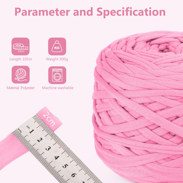 VynyQoo Tshirt Yarn for Crocheting, Crochet Yarn 105m 300g, Chunky Knitting Yarn, Width 2cm Elastic T-Shirt Yarn for Beginners to Crochet Bag, Blanket, Basket, DIY Projects, Home Decor (Pink)