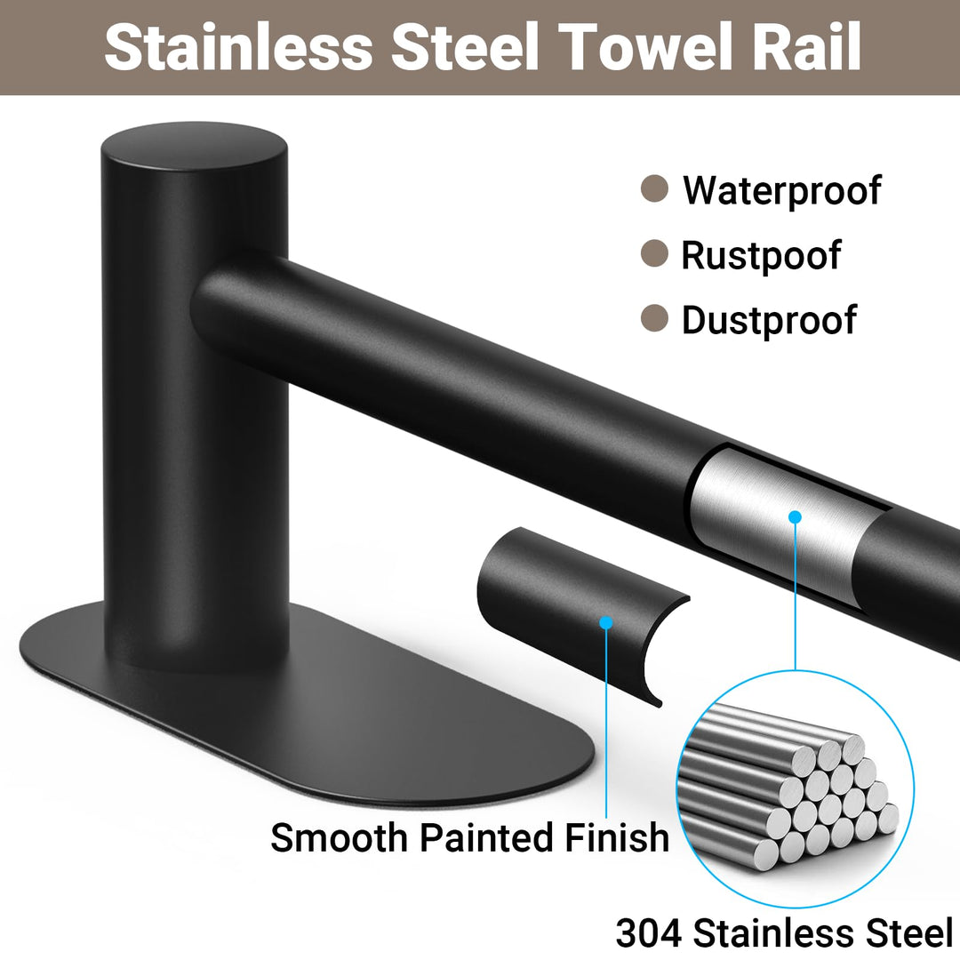 Alyvisun Self Adhesive Black Towel Rail, Stainless Steel Towel Holder, Retractable from 37cm to 57.5cm, Towel Rail Wall Mounted for Kitchen Bathroom Towel Rails Easy to Install