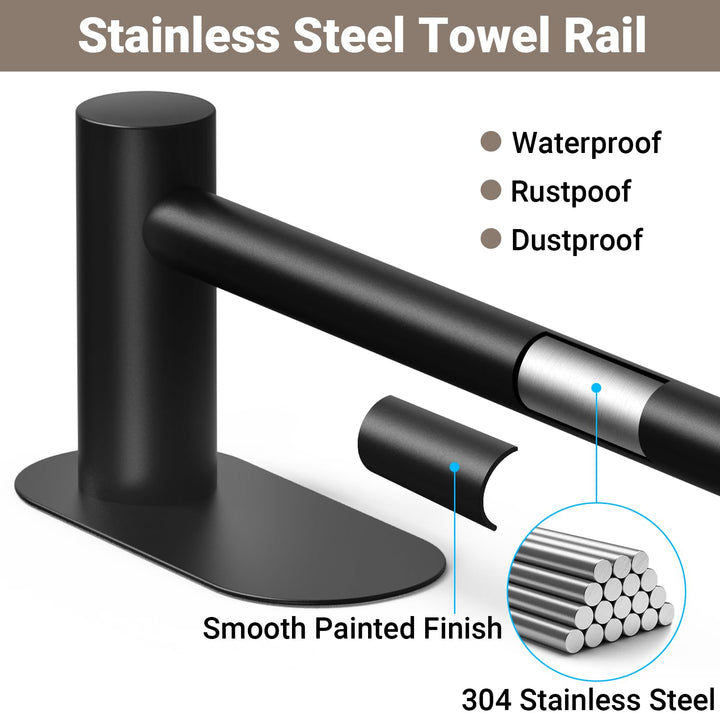 Alyvisun Self Adhesive Black Towel Rail, Stainless Steel Towel Holder, Retractable from 37cm to 57.5cm, Towel Rail Wall Mounted for Kitchen Bathroom Towel Rails Easy to Install