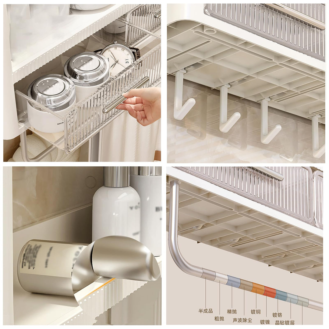 No Drilling Adhesive Wall Mounted Storage Rack, with 6 Hooks,Drawer and Towel Railbathroom Organiser for Kirchen Or Restroom