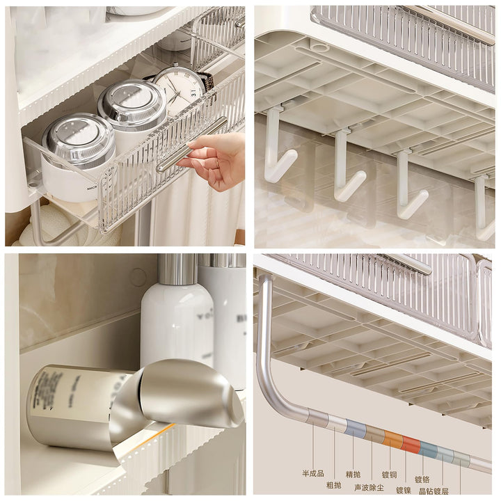 No Drilling Adhesive Wall Mounted Storage Rack, with 6 Hooks,Drawer and Towel Railbathroom Organiser for Kirchen Or Restroom