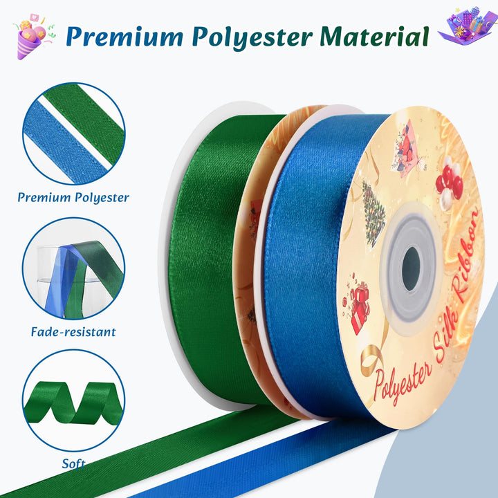 VynyQoo 2 Rolls 20mm Satin Ribbon Wide, Blue and Green Gift Wrap Ribbon, 22M Single Sided Ribbons for Gift Wrapping, Gift Wrapping Ribbon for Crafting, Wedding Party,Cake Wrapping Decorations