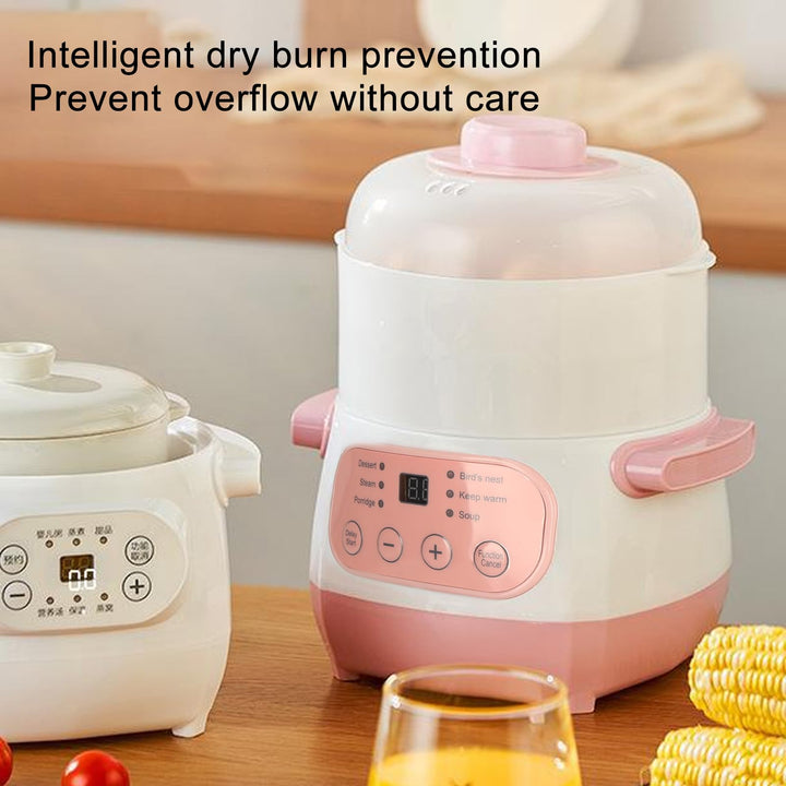 Electric Stew Pot, 1L 200W Appointment Timing Smart Slow Cooker with Steamer & Boil Dry, Automatic Mini Ceramic Pot with Lid, Digital Porridge Soup Pot for Home