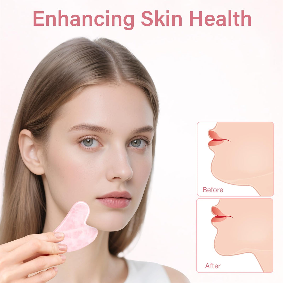 Alyvisun Natural Rose Quartz Gua Sha Tool, Face, Neck and Body Massage Stone, Facial Massage Board for Relieving Puffiness and Improving Jawline with User Manual, Skincare Gift for Women