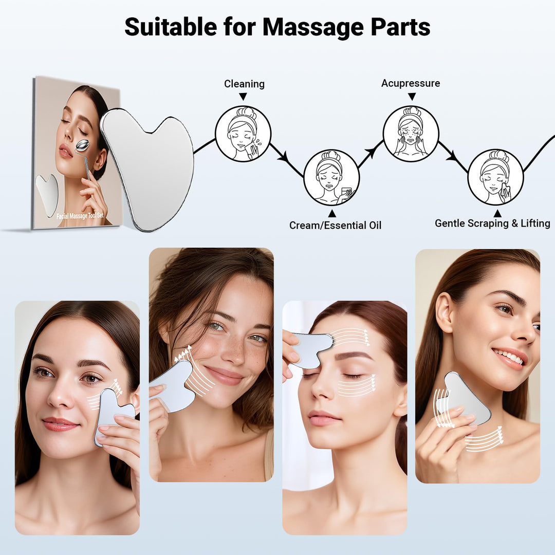 Alyvisun Gua Sha Set, Gua Sha Board & Face Roller Stainless Steel, Gua Sha Tool Skin Depuffing, Cold Uplift Facial Massage Beauty Device with Carrying Bag & Cleaning Cloth Gifts for Women