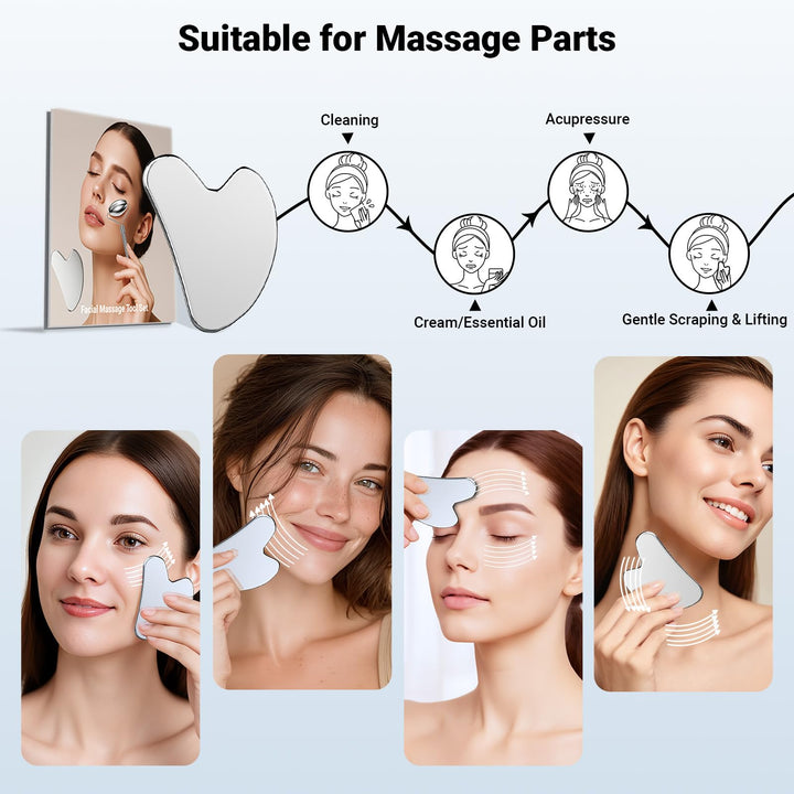 Alyvisun Gua Sha Set, Gua Sha Board & Face Roller Stainless Steel, Gua Sha Tool Skin Depuffing, Cold Uplift Facial Massage Beauty Device with Carrying Bag & Cleaning Cloth Gifts for Women