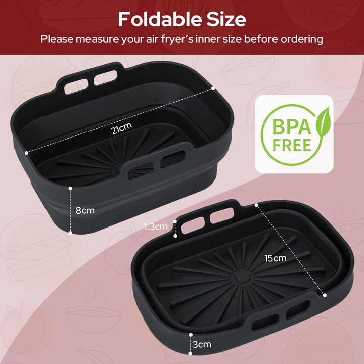 Alyvisun Air Fryer Silicone, 4PCS Reusable Dual Airfryer Accessories Liner Foldable Baking Rack Moulds Rectangular Basket Versatile Non Stick Tray (Black)