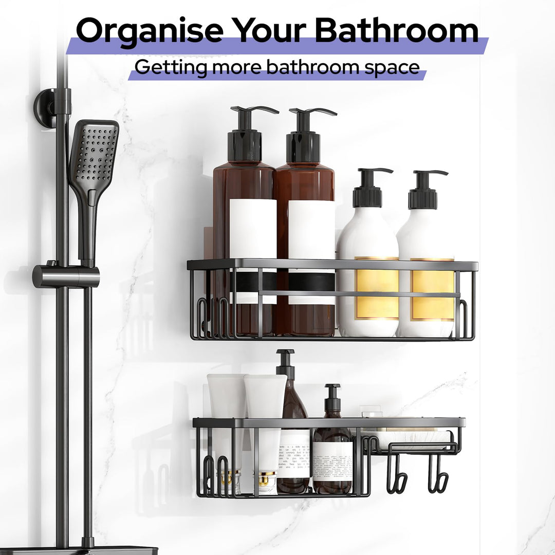 Alyvisun 2 Pack Large Capacity Shower Caddy with Strong Adhesive & Load Bearing, Stainless Steel Bathroom Shelves with Soap Holder and Hooks, Rustproof Shower Storage Caddy No Drilling