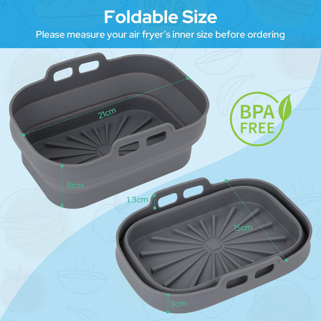 Alyvisun Air Fryer Silicone, 2PCS Reusable Dual Airfryer Accessories Liner Foldable Baking Rack Moulds Rectangular Basket Versatile Non Stick Tray (Grey)