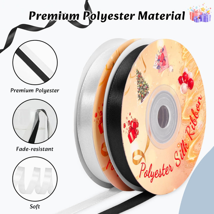 VynyQoo 2 Rolls 10mm Satin Ribbon Wide, Black and White Gift Wrap Ribbon, 22M Single Sided Ribbons for Gift Wrapping, Gift Wrapping Ribbon for Crafting, Wedding Party,Cake Wrapping Decorations