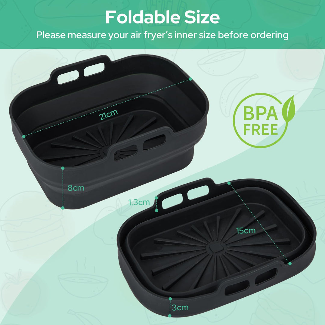 Alyvisun Air Fryer Silicone, 2PCS Reusable Dual Airfryer Accessories Liner Foldable Baking Rack Moulds Rectangular Basket Versatile Non Stick Tray (Black)