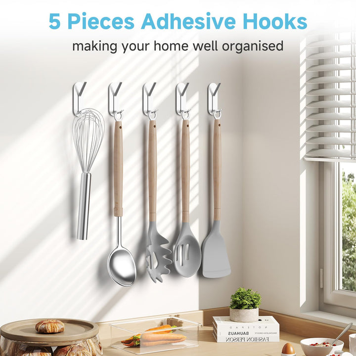 Alyvisun 5Pcs Self Adhesive Hooks, Stainless Steel Stick On Wall Hanging Hooks Heavy Duty, Strong Adhesive Sticky Hooks for Bathroom, Kitchen, Cupboard, Back of Door (Silver)