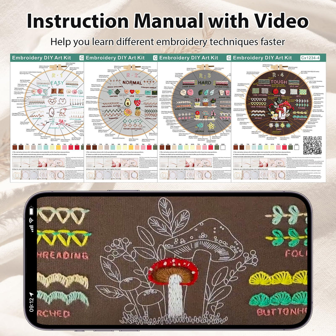 VynyQoo 4pcs Embroidery Kits for Beginners, Embroidery Kit for Adults, Embroidery Starter Kit to Learn 40 Different Stitches, DIY Craft Embroidery Set with Video Tutorial and Instruction