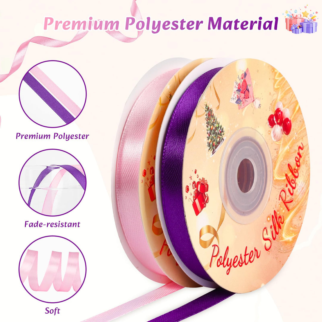 VynyQoo 2 Rolls 10mm Satin Ribbon Wide, Pink and Purple Gift Wrap Ribbon, 22M Single Sided Ribbons for Gift Wrapping, Gift Wrapping Ribbon for Crafting, Wedding Party,Cake Wrapping Decorations