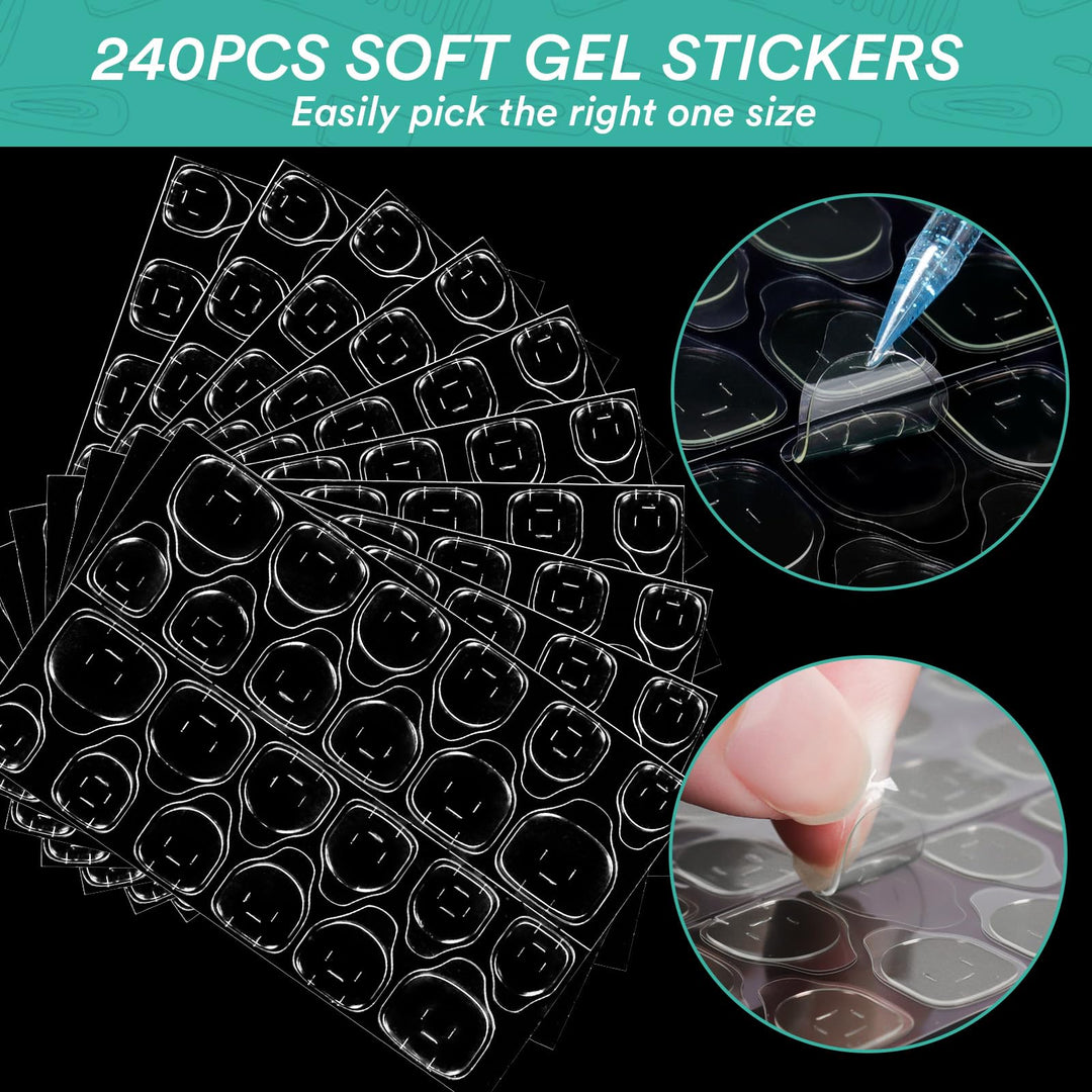 Alyvisun Acrylic Fake Press On Nail Tips, 550 Pcs Clear False Nails Kit in 11 Sizes with 240 Pcs Soft Gel Nail Stickers Set, Full Cover Half Matte