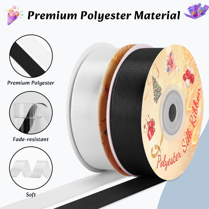 VynyQoo 2 Rolls 20mm Satin Ribbon Wide, Black and White Gift Wrap Ribbon, 22M Single Sided Ribbons for Gift Wrapping, Gift Wrapping Ribbon for Crafting, Wedding Party,Cake Wrapping Decorations
