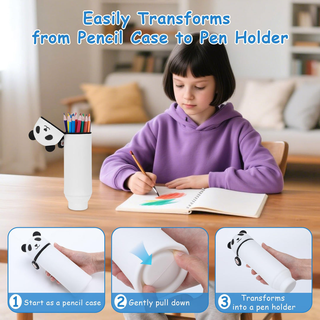 VynyQoo Pencil Case Kawaii Silicone, Pencilcase Expandable 2 in 1, Cute Pen Case, Zippered Pen Pouch for Kids, Desk Table Pen Holder Multifunctional, Panda
