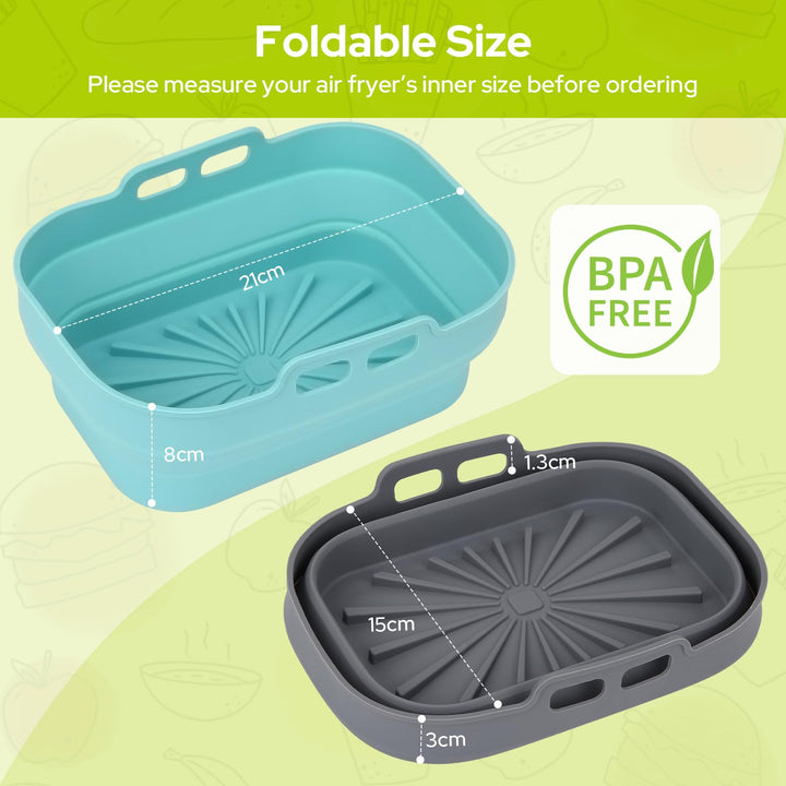 Alyvisun Air Fryer Silicone, 4PCS Reusable Dual Airfryer Accessories Liner Foldable Baking Rack Moulds Rectangular Basket Versatile Non Stick Tray (Blue+Grey)