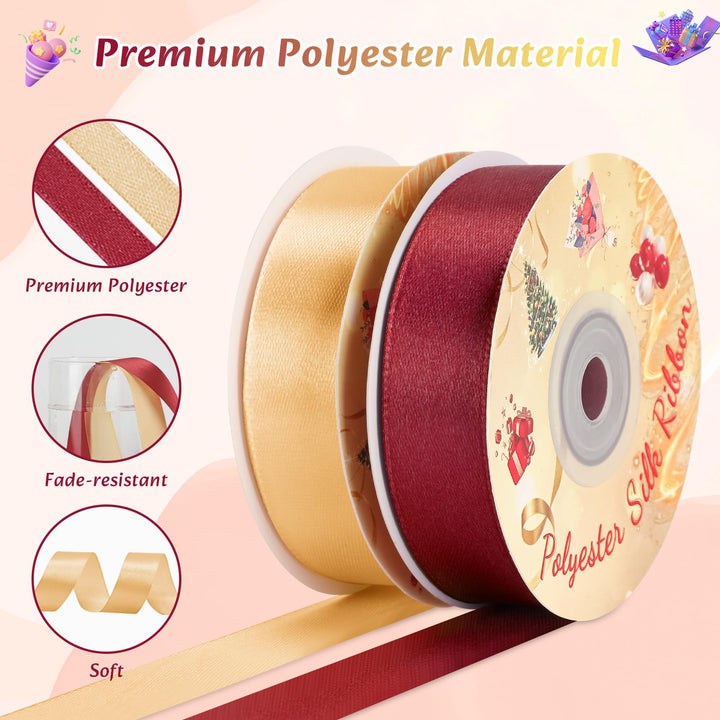 VynyQoo 2 Rolls 20mm Satin Ribbon Wide, Red and Gold Gift Wrap Ribbon, 22M Single Sided Ribbons for Gift Wrapping, Gift Wrapping Ribbon for Crafting, Wedding Party,Cake Wrapping Decorations