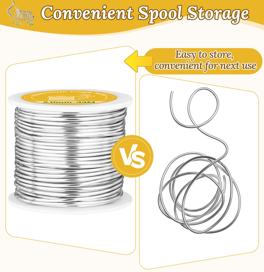 VynyQoo 2mm Aluminum Crafting Wire, 33M Silver Bendable Flexible Wire for Crafts, Craft Wire for DIY Sculpting, Modeling, Jewelry Making, Floral Crafts & Wire Weaving