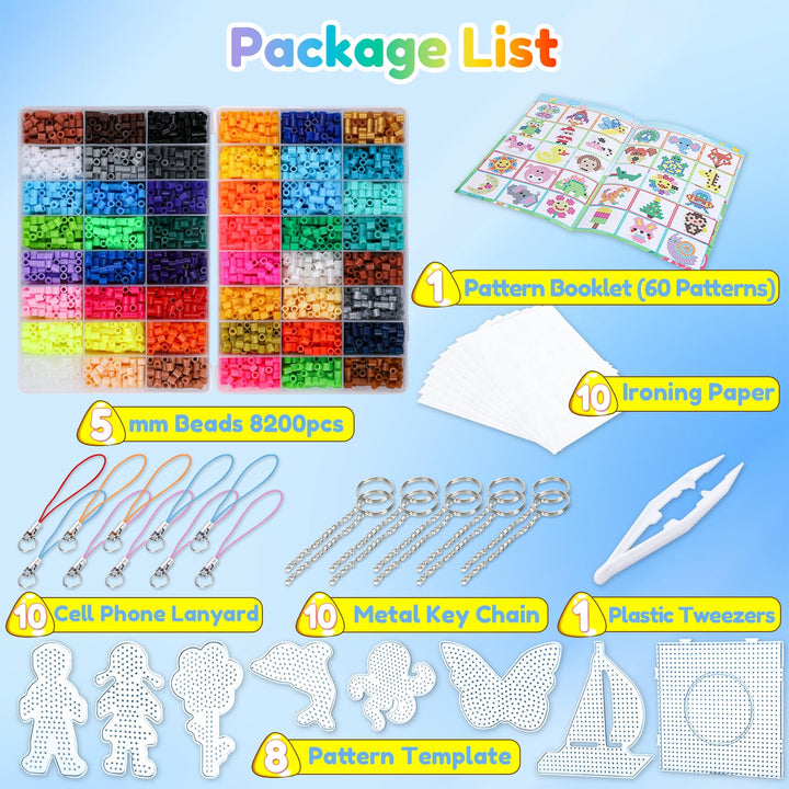 VynyQoo Fuse Beads Set, 8200pcs 5mm Iron Beads 48 Colours with Pegboards, Ironing Paper, Keyrings, Tweezers – DIY Arts and Crafts Toy for Stress Relief, Gift for Kids, Boys & Girls