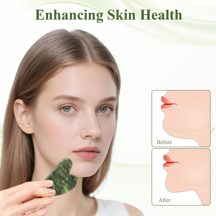 Alyvisun Natural Green Jade Gua Sha Tool, Face, Neck and Body Massage Stone, Facial Massage Board for Relieving Puffiness and Jawline Improving with User Manual, Skincare Gift for Women