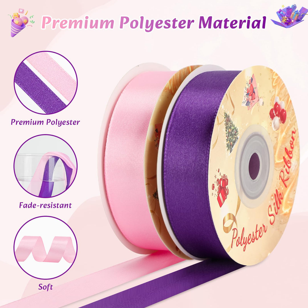 VynyQoo 2 Rolls 20mm Satin Ribbon Wide, Pink and Purple Gift Wrap Ribbon, 22M Single Sided Ribbons for Gift Wrapping, Gift Wrapping Ribbon for Crafting, Wedding Party,Cake Wrapping Decorations