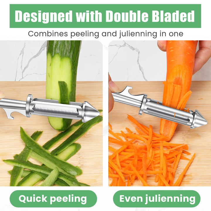 Alyvisun Universal Potato Peeler for Kitchen, 3 in 1 Peeler/Julienne Slicer/Bottle Opener, Sharp Vegetable and Fruit Peeler with Swivel Blade and Ergonomic Handle, Zinc Alloy
