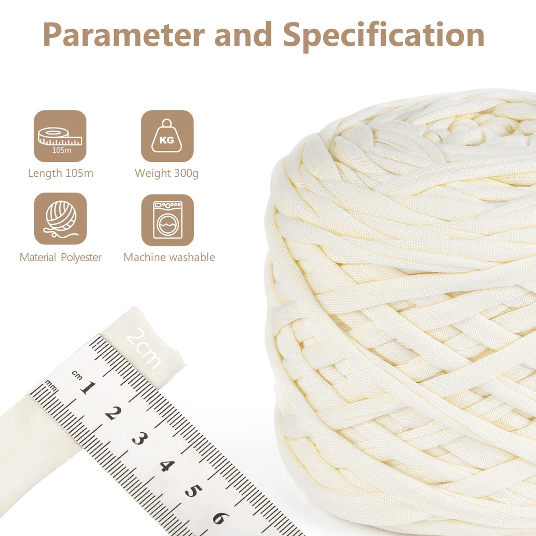 VynyQoo Tshirt Yarn for Crocheting, Crochet Yarn 105m 300g, Chunky Knitting Yarn, Width 2cm Elastic T-Shirt Yarn for Beginners to Crochet Bag, Blanket, Basket, DIY Projects, Home Decor (White)