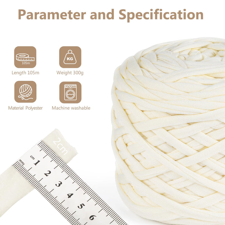 VynyQoo Tshirt Yarn for Crocheting, Crochet Yarn 105m 300g, Chunky Knitting Yarn, Width 2cm Elastic T-Shirt Yarn for Beginners to Crochet Bag, Blanket, Basket, DIY Projects, Home Decor (White)