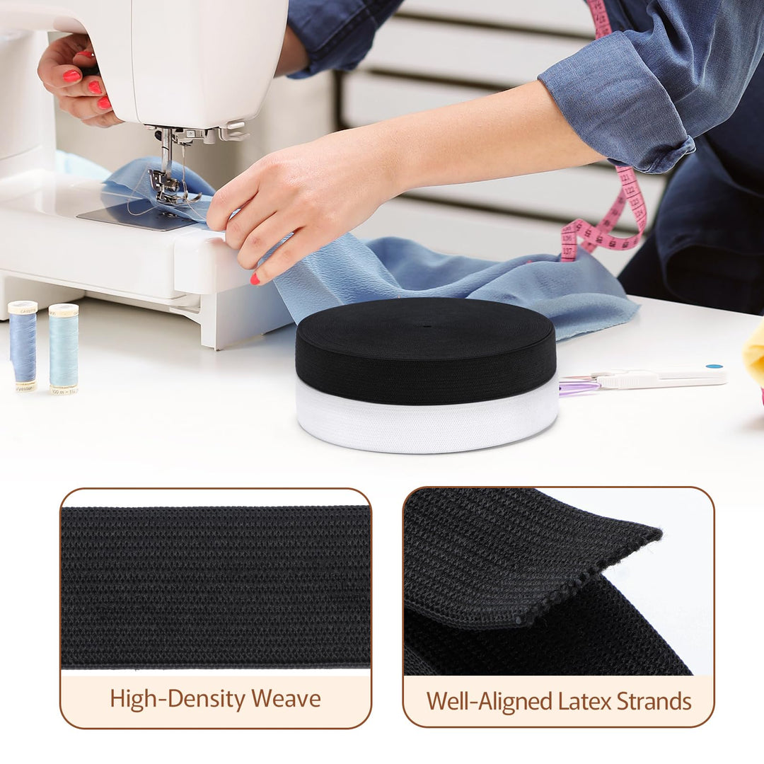 VynyQoo 20mm Elastic for Sewing, 2 Rolls 12m Long Thick Elastic Bands, White Elastic and Black Elastic for Crafts, Sewing, DIY Projects and Clothing