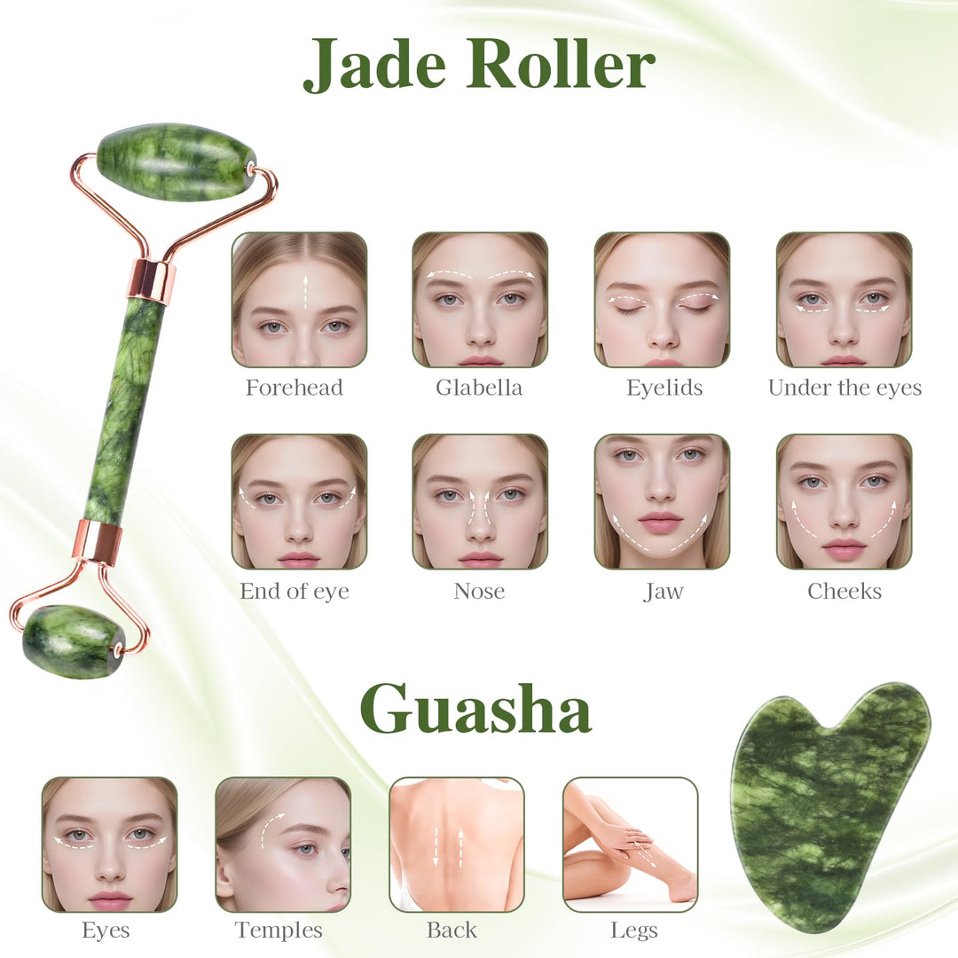 Alyvisun Natural Green Jade Gua Sha Set and Jade Roller,for Neck and Body Massage Tool, Facial Massage Board for Relieving Puffiness and Jawline Improving with User Manual, Skincare Gift for Women