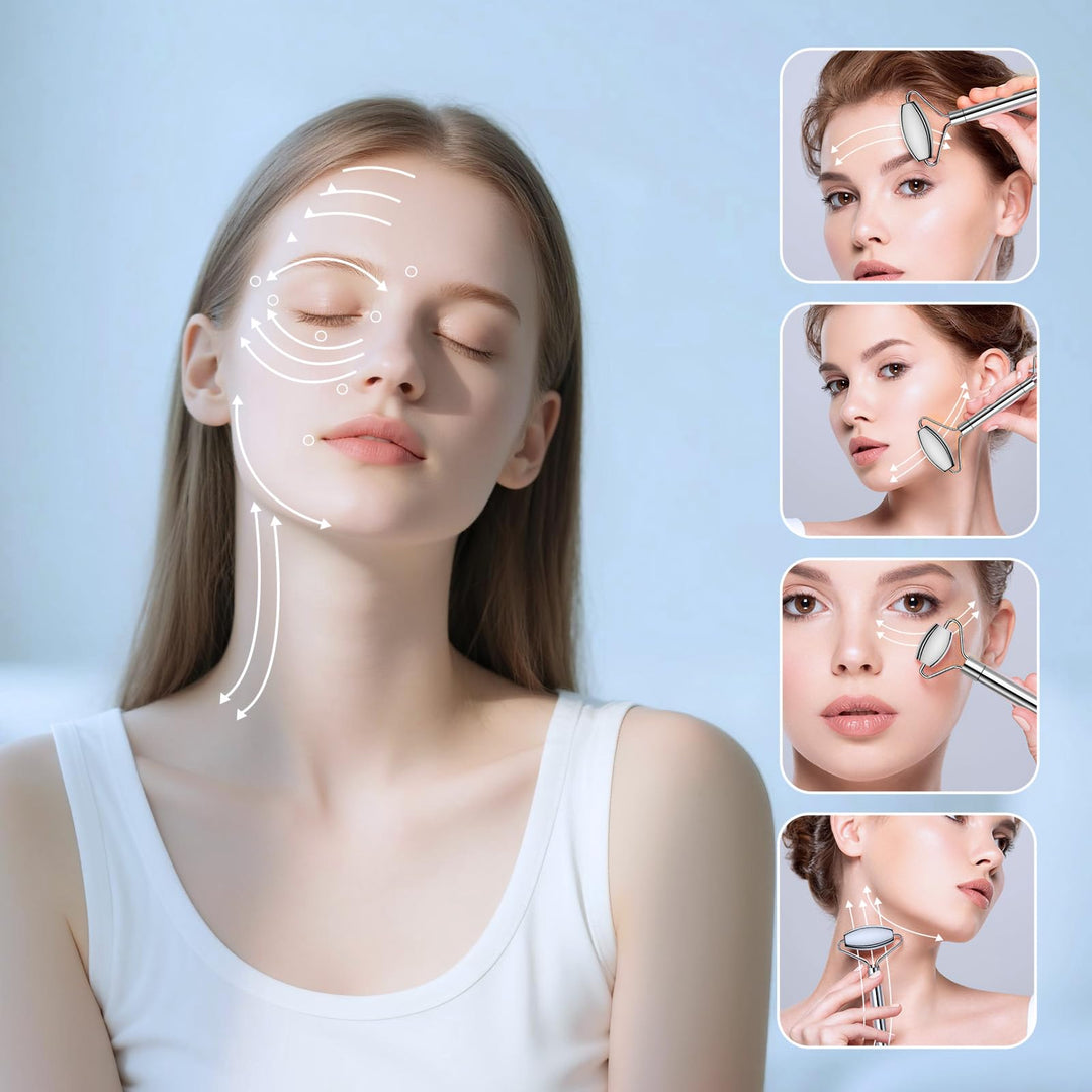 Alyvisun Gua Sha Set, Gua Sha Board & Face Roller Stainless Steel, Gua Sha Tool Skin Depuffing, Cold Uplift Facial Massage Beauty Device with Carrying Bag & Cleaning Cloth Gifts for Women