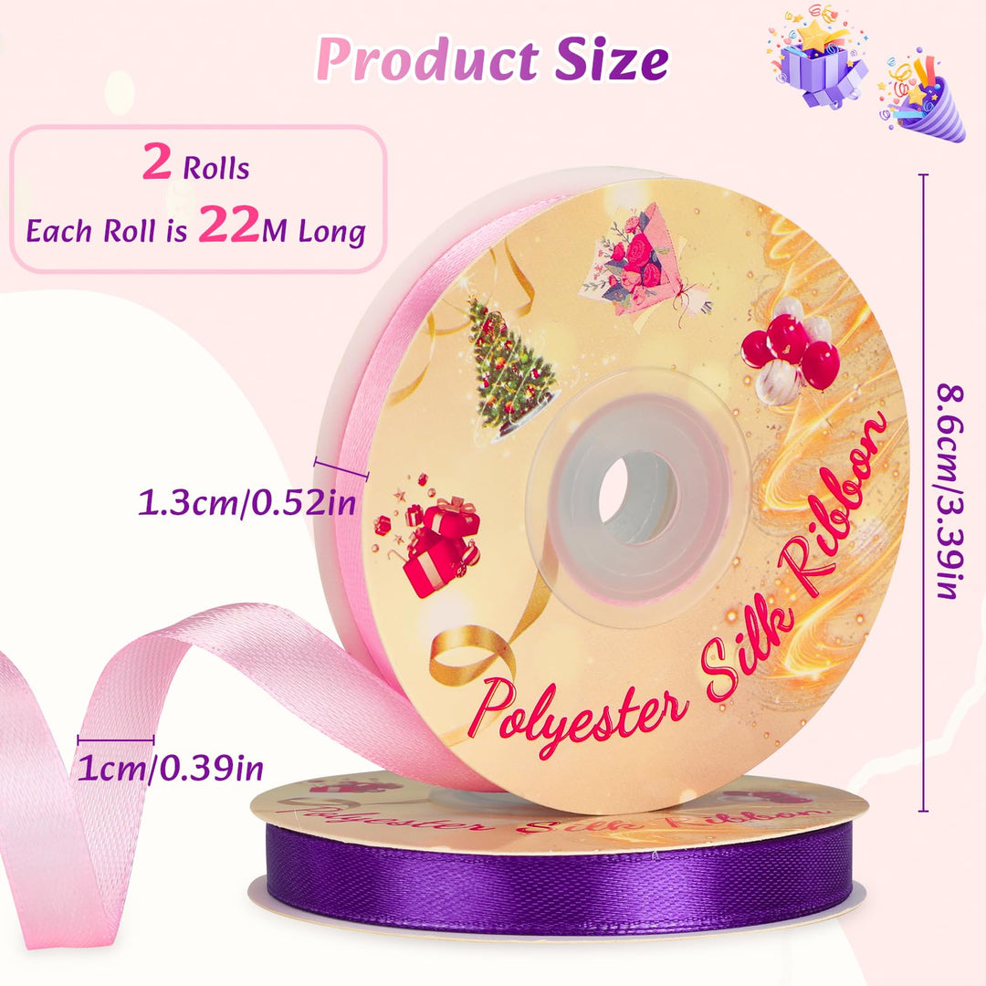 VynyQoo 2 Rolls 10mm Satin Ribbon Wide, Pink and Purple Gift Wrap Ribbon, 22M Single Sided Ribbons for Gift Wrapping, Gift Wrapping Ribbon for Crafting, Wedding Party,Cake Wrapping Decorations