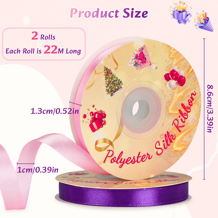 VynyQoo 2 Rolls 10mm Satin Ribbon Wide, Pink and Purple Gift Wrap Ribbon, 22M Single Sided Ribbons for Gift Wrapping, Gift Wrapping Ribbon for Crafting, Wedding Party,Cake Wrapping Decorations